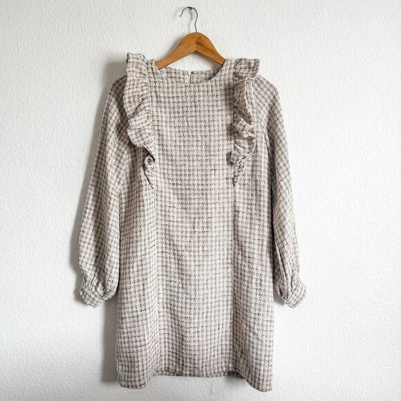 Aura Dresses & Skirts - Aura XS Pink White Tweed Ruffle Long Sleeve Shift Dress